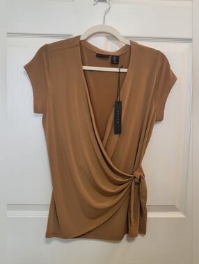 Tahari Camel Wrap-Front Cap Sleeve Top